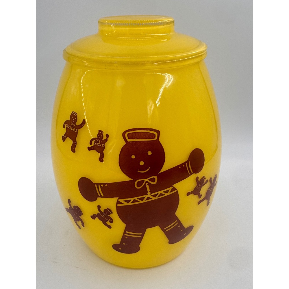 Vintage Bartlett Collins Yellow Gingerbread Men Glass Cookie Jar with Lid 10" T